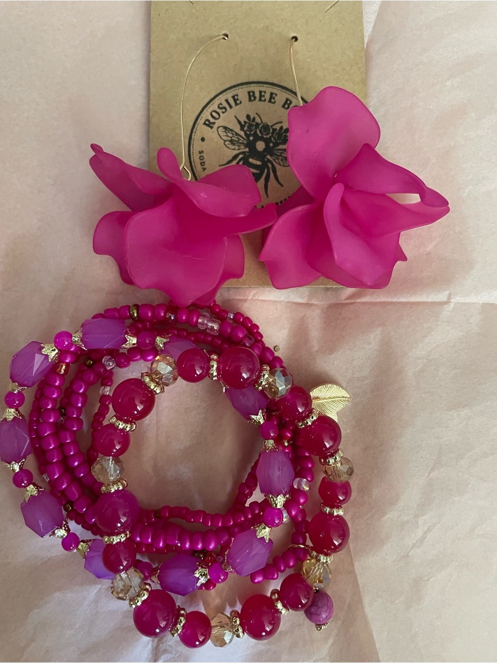 Bright Pink Floral Drop Earrings and bracelets set.